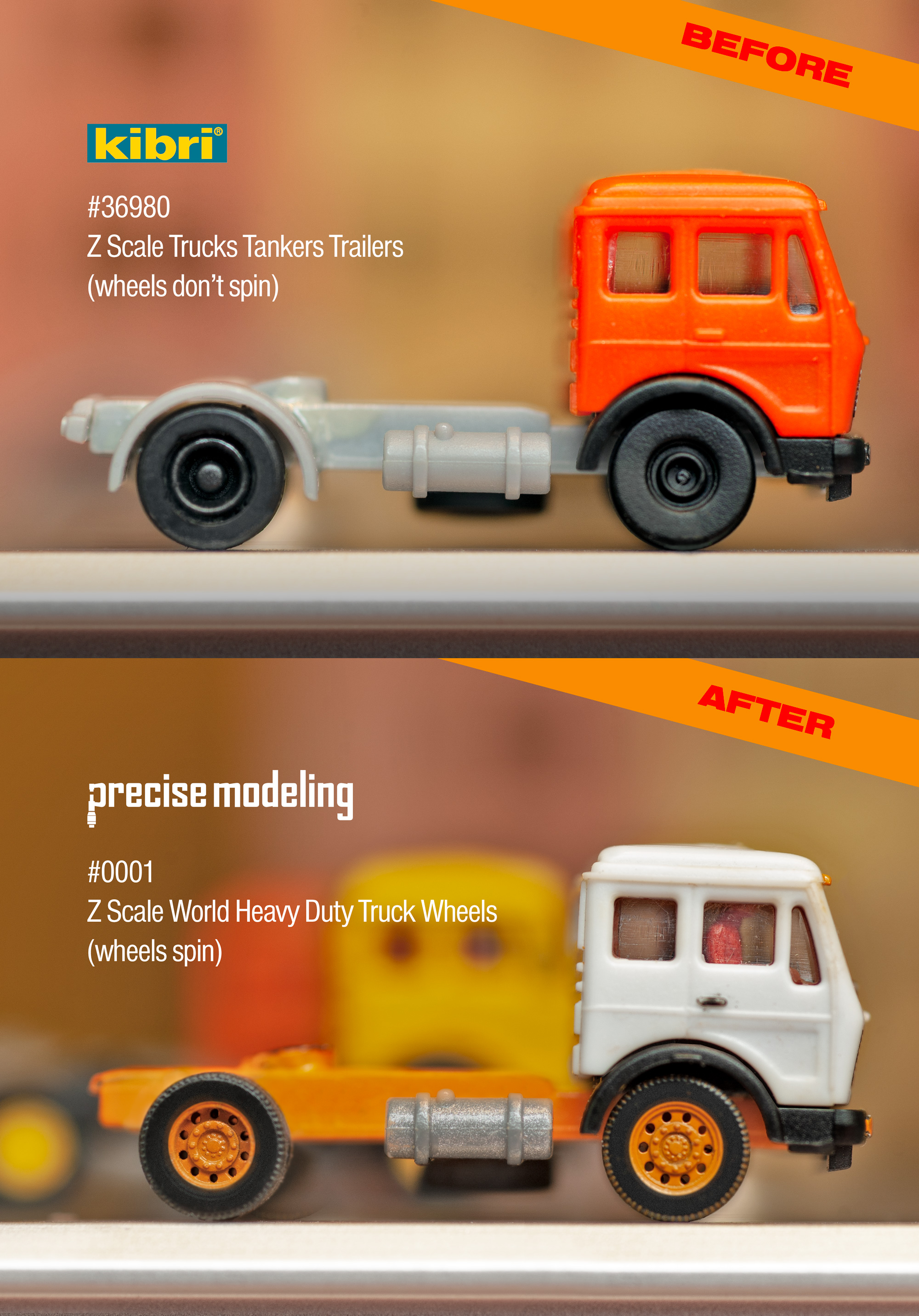 3D printed Z scale wheels; comparison between Kibri, and the higher quality of Precise Modeling's product.